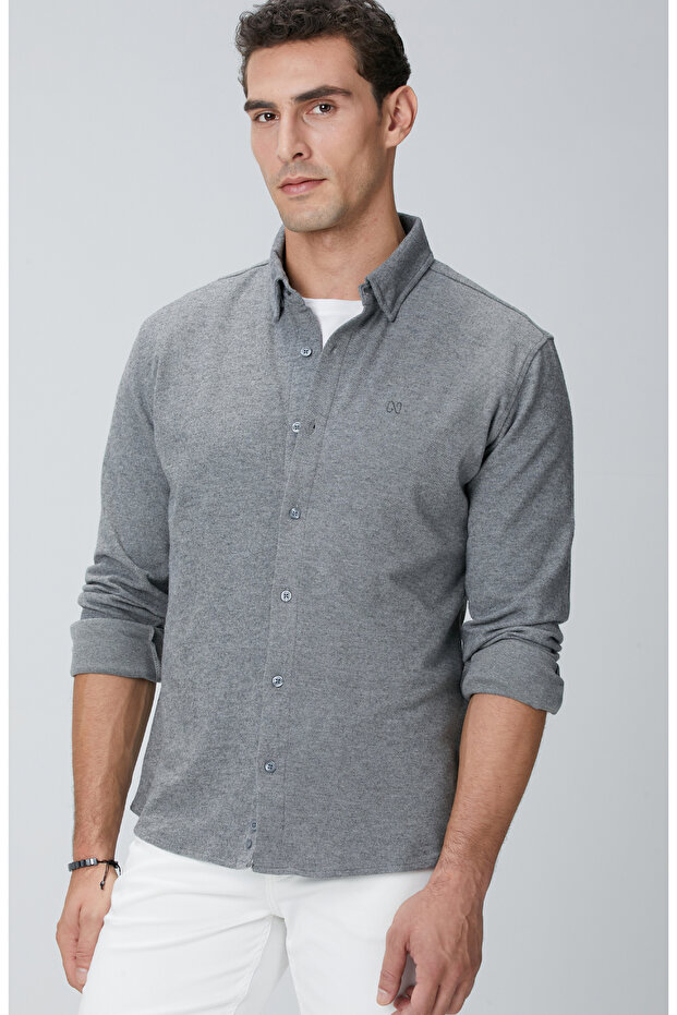 Gri Flanel Görünümlü Örme Gömlek - 2