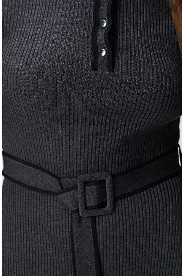 Antrasit Evaze Form Mini Triko Elbise - 7