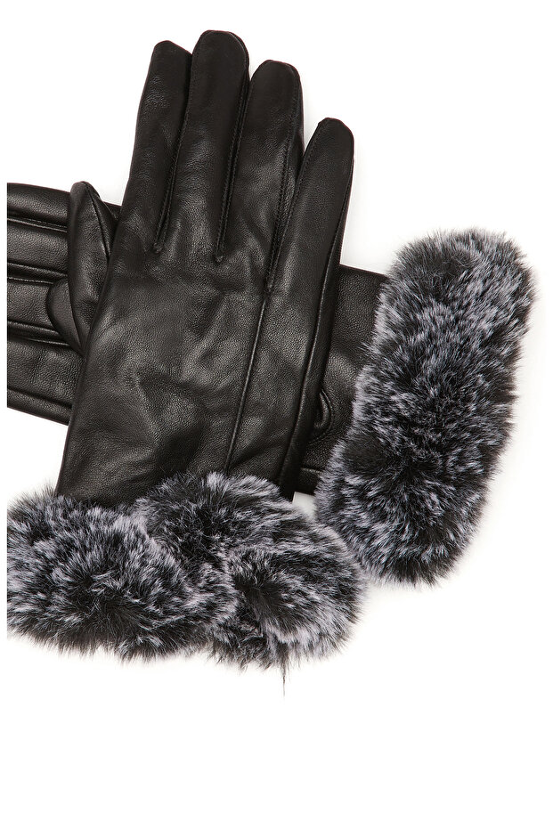 Siyah Kadın Deri Karışımlı Eldiven - 2