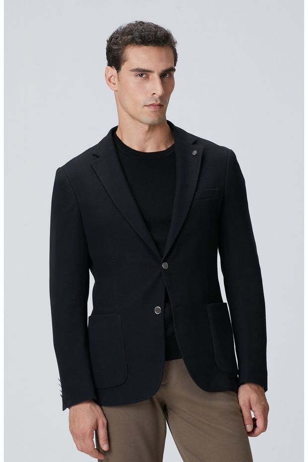 Siyah Mona Yaka Metal Düğmeli Örme Blazer Ceket - 2