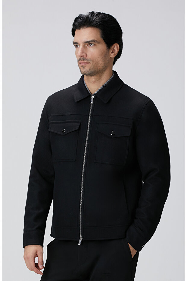 Siyah Yün Karışımlı Mont - 4