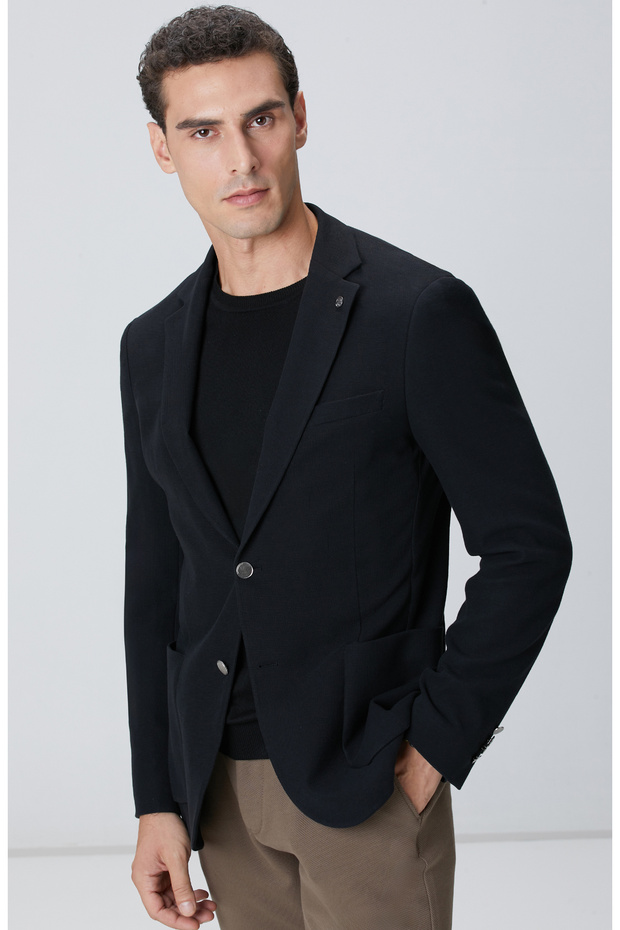 Siyah Mona Yaka Metal Düğmeli Örme Blazer Ceket - 1