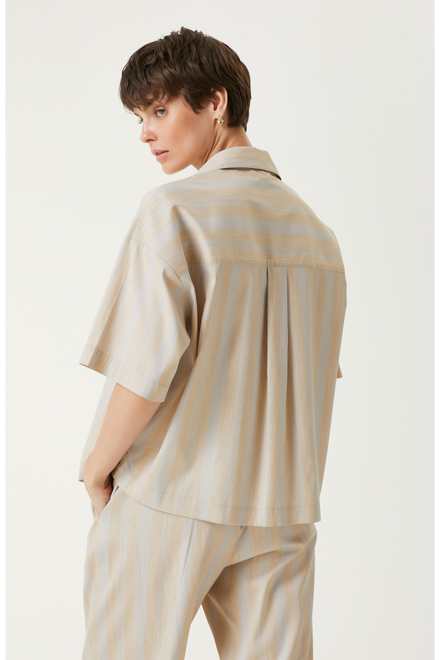 Ekru Bej Çizgili Gömlek - 6