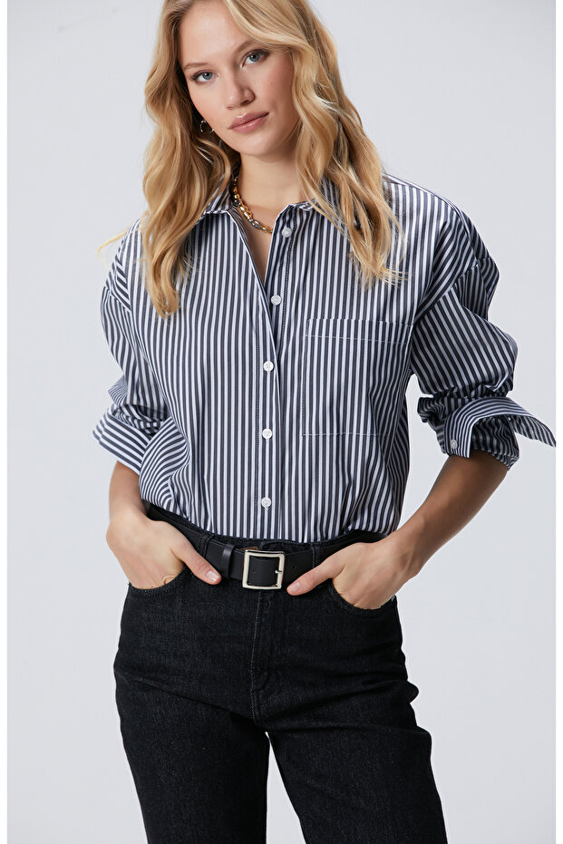 Lacivert Mavi Oversize Gömlek - 1