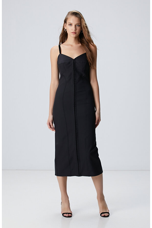 Siyah Askılı Midi Elbise - 3