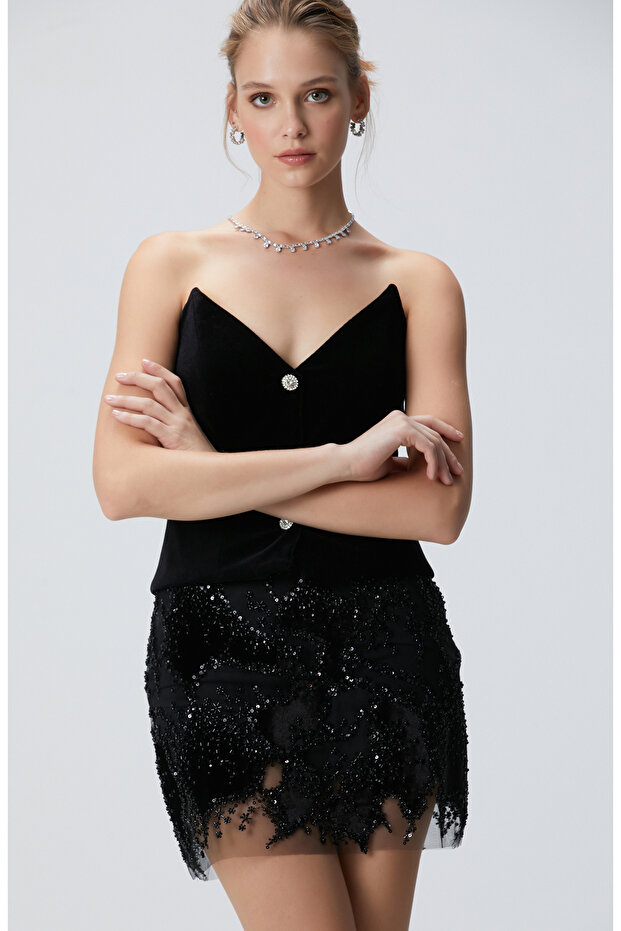 Siyah Kadife Büstiyer - 4