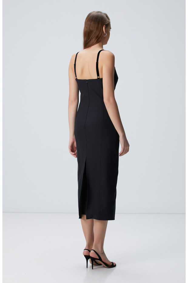 Siyah Askılı Midi Elbise - 5