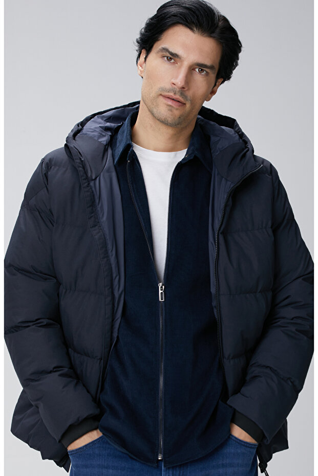 Lacivert Kapüşonlu Puffer Mont - 2