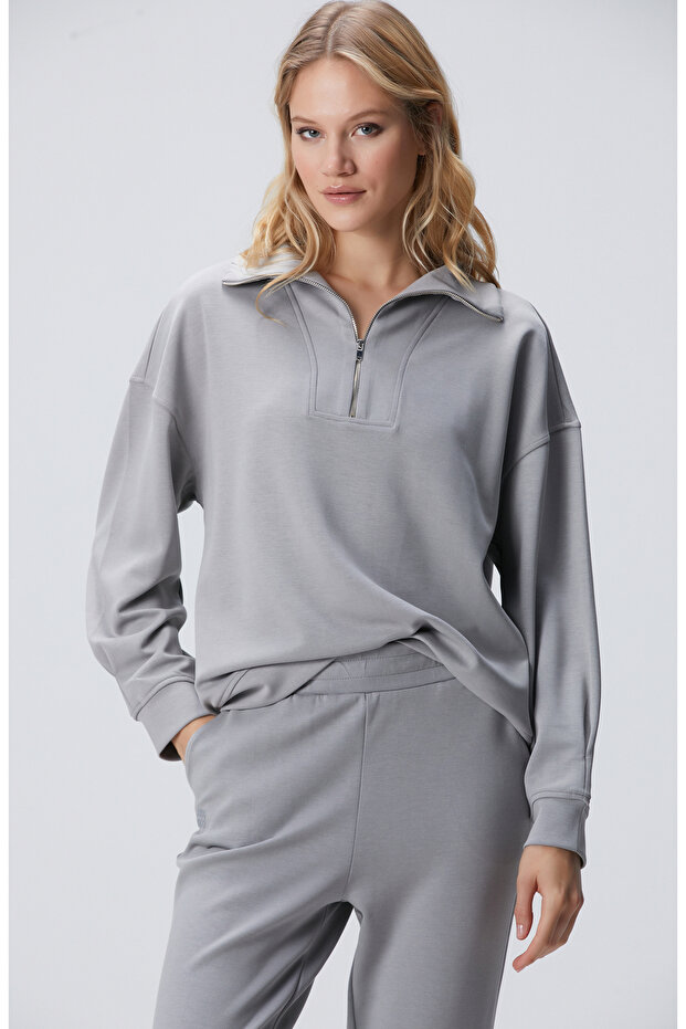 Gri Fermuarlı Sweatshirt - 1