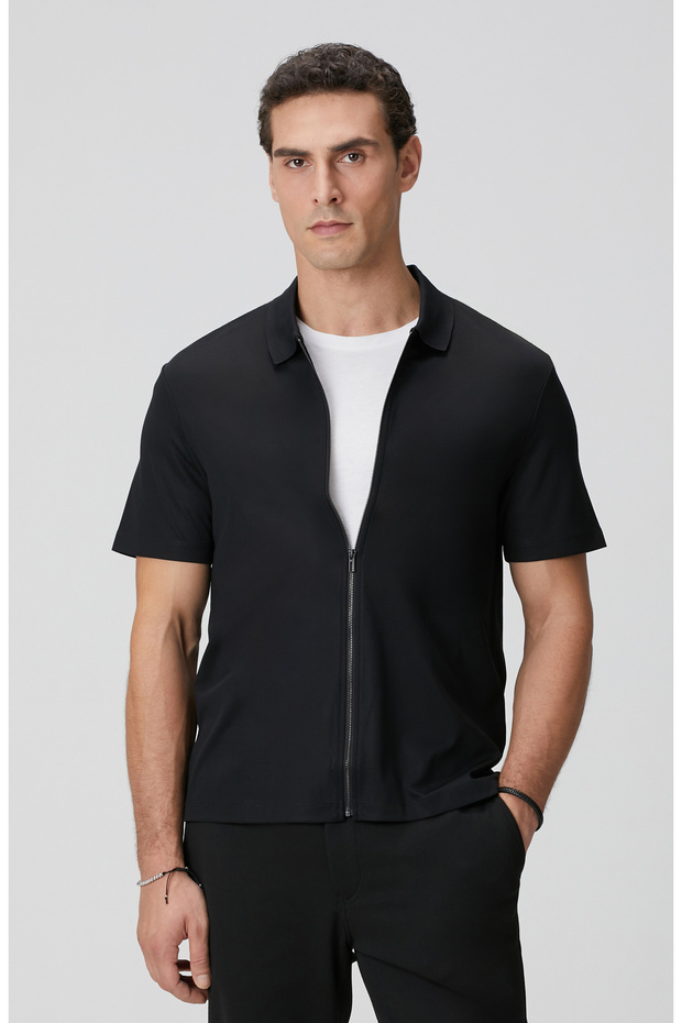 N-Tech Siyah Fermuarlı Örme Gömlek - 1