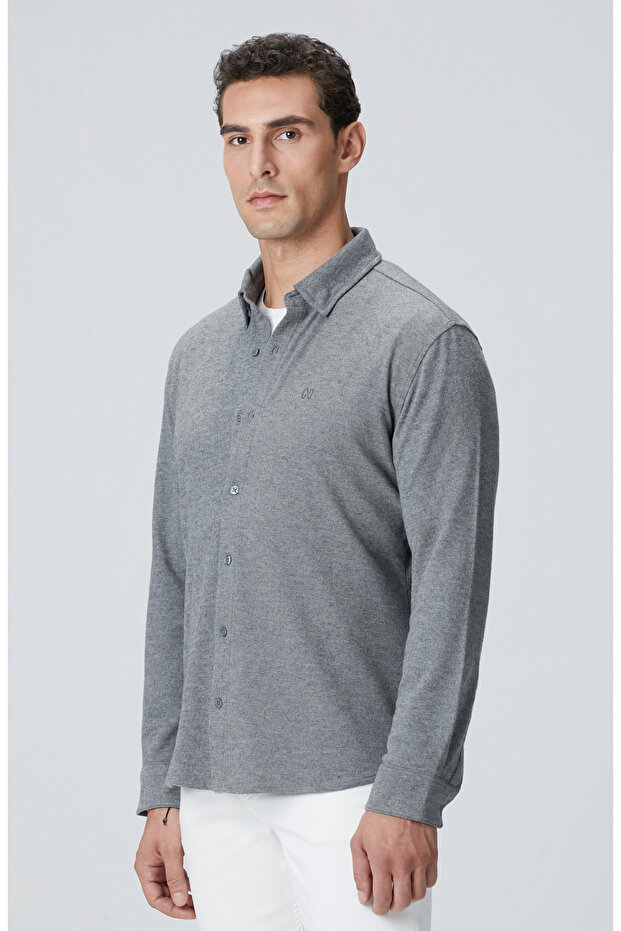 Gri Flanel Görünümlü Örme Gömlek - 4