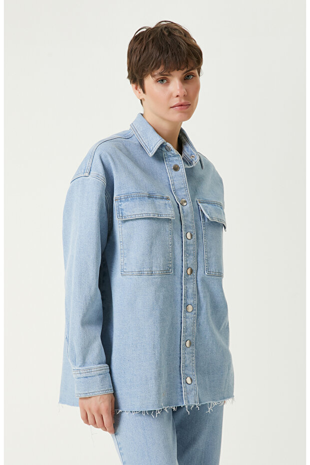 Açık Indigo Mavi Denim Gömlek - 4