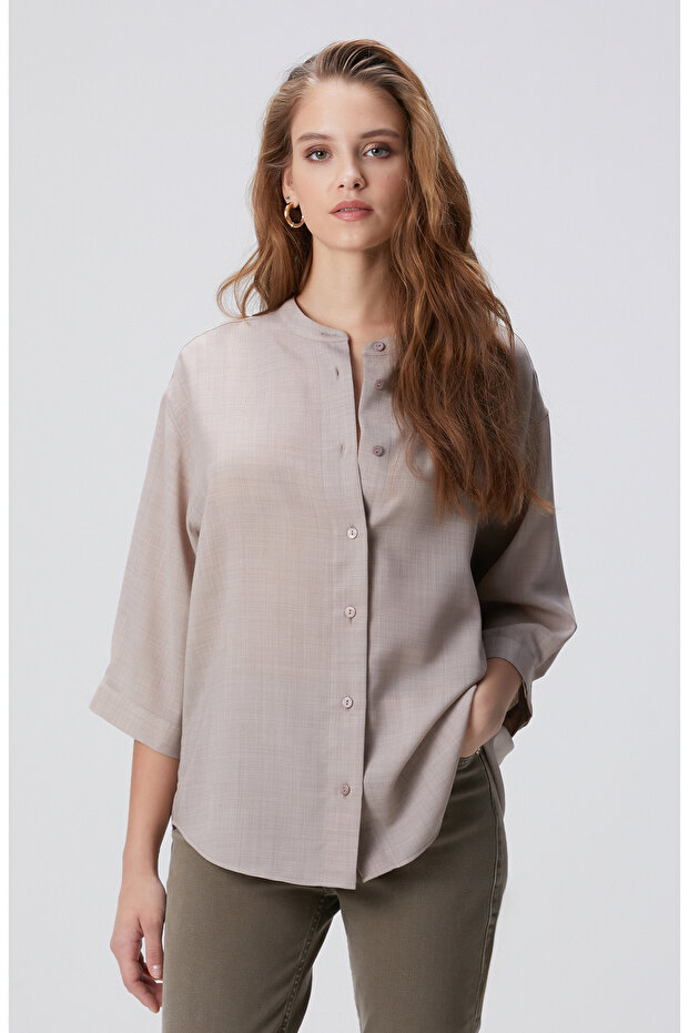 Bej Yün Karışımlı Gömlek - 4