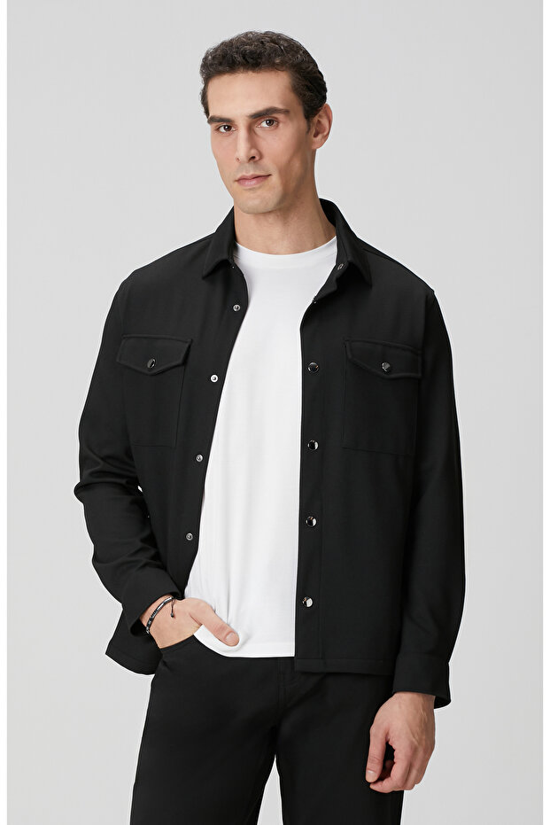 Siyah Diyagonal Dış Gömlek - 1