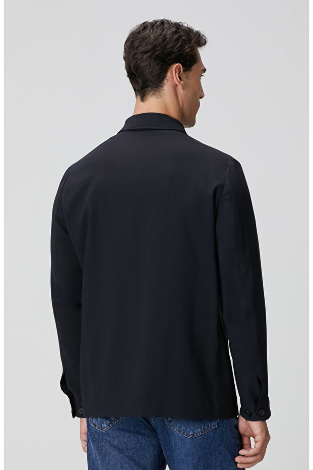 Koyu Lacivert Cep Detaylı Yün Dış Gömlek - 5