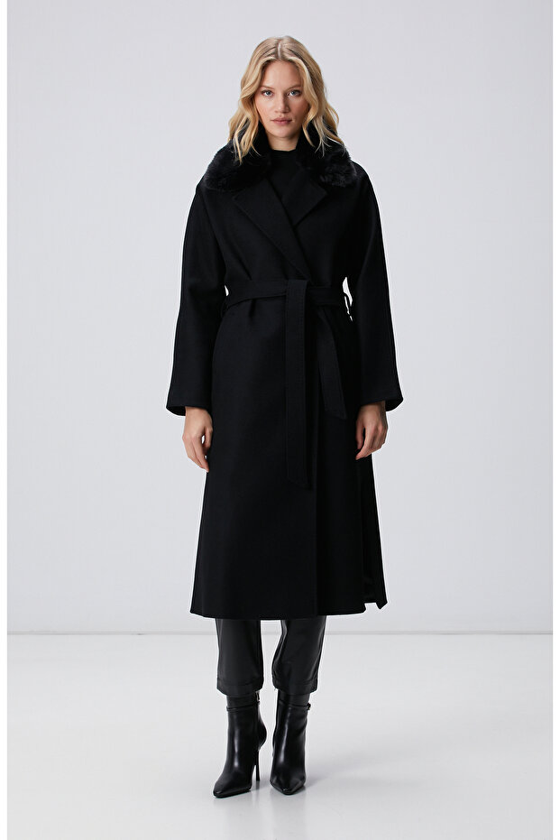 Siyah Kaşmir ve Yün Karışımlı Manto - 5