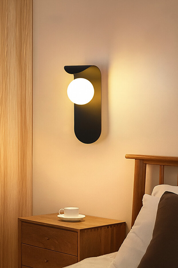 1 Adet Minimalist SİYAH Metal Aplik Glop Beyaz Camlı Duvar Lambası Yatak Odası-Yatak Başı-Banyo - 2