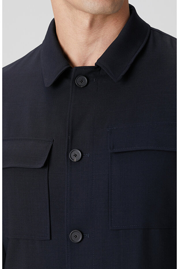 Koyu Lacivert Cep Detaylı Yün Dış Gömlek - 6