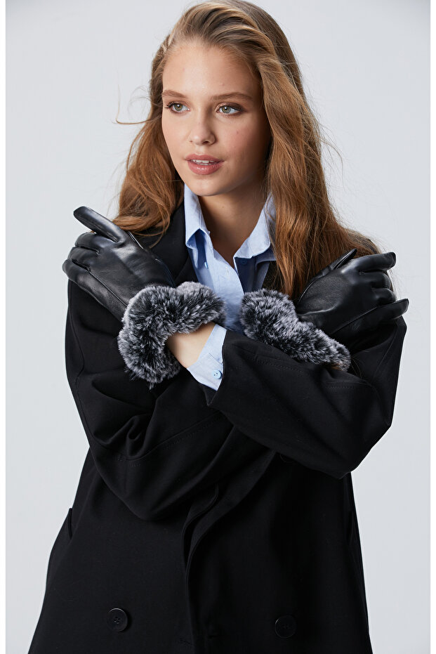 Siyah Kadın Deri Karışımlı Eldiven - 4