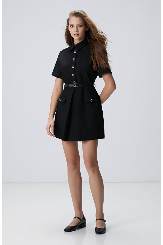 Siyah Kemerli Mini Elbise - 4