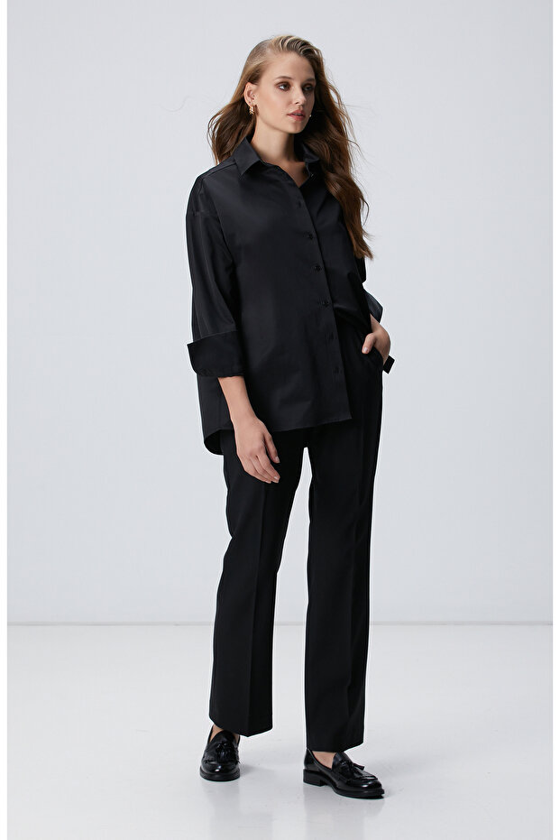 Siyah Roba Dikiş Detaylı Oversized Gömlek - 3