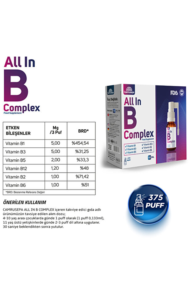 All In B Complex Sprey Ve Damla (B1, B3, B5, B12, B2, B6) 375 Puf - 2