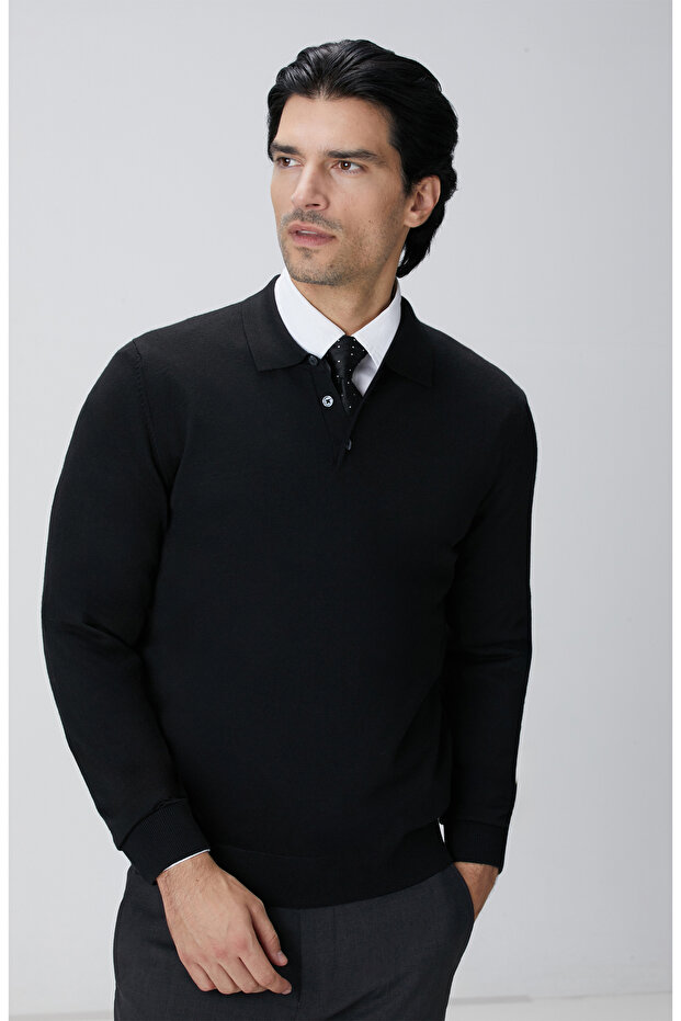 Siyah Yün Karışımlı Triko Kazak - 5