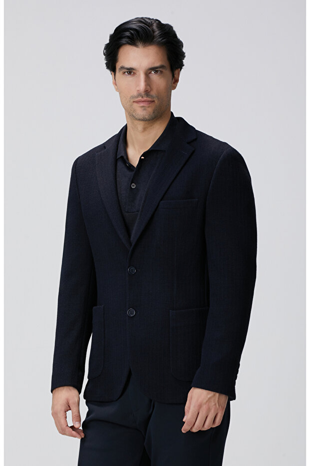 Lacivert Yün Karışımlı Örme Ceket - 4