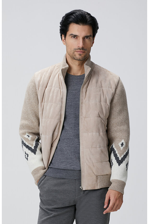 Bej Triko Detaylı Deri Mont - 3