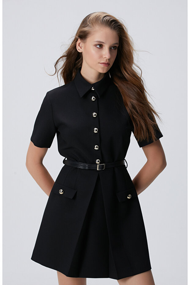 Siyah Kemerli Mini Elbise - 1