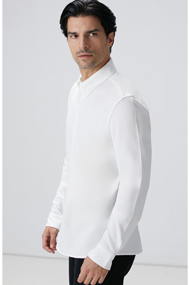 Kırık Beyaz Uzun Kollu Örme Gömlek - 5