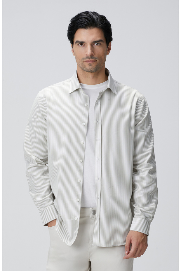 Bej Çizgi Desenli Gömlek - 2