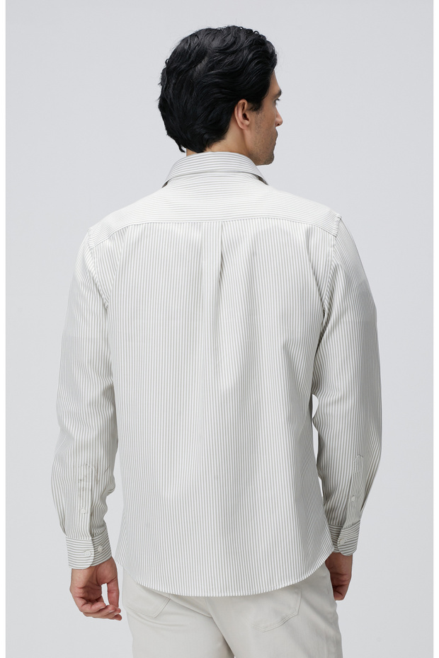 Bej Çizgi Desenli Gömlek - 5