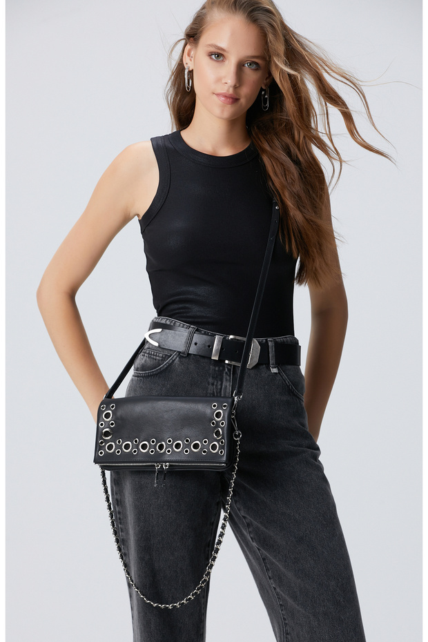 Siyah Varak Baskılı Örme Atlet - 1