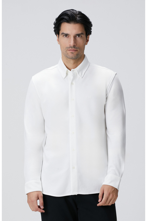 Kırık Beyaz Uzun Kollu Örme Gömlek - 4