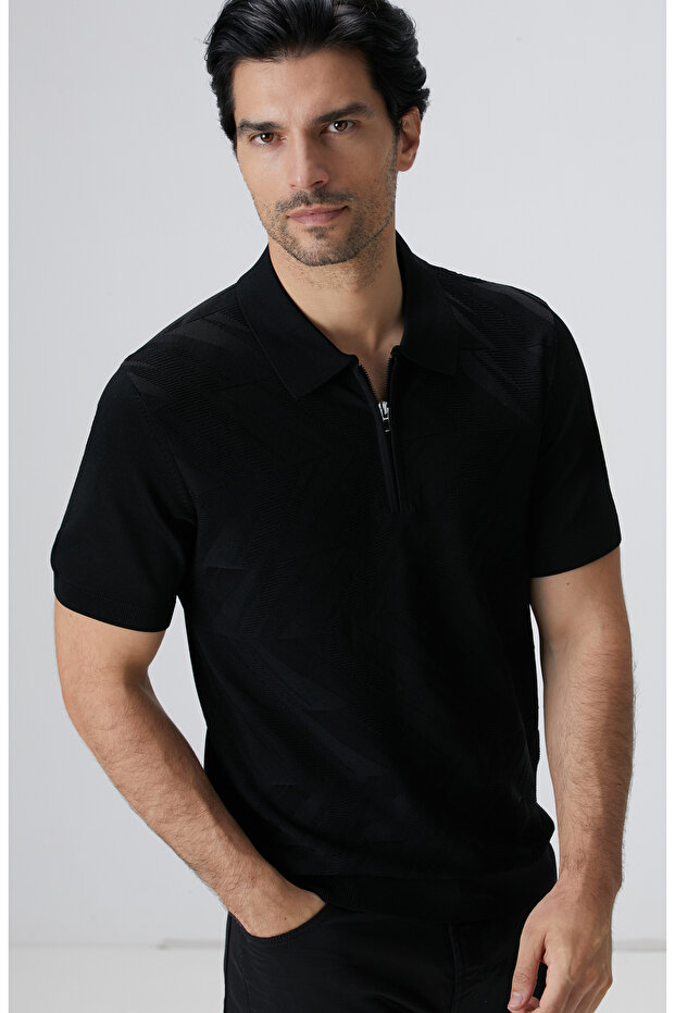 Siyah Jakarlı Triko Kazak - 1