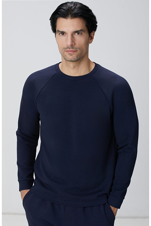 Lacivert Bisiklet Yaka Basic Sweatshirt - 1