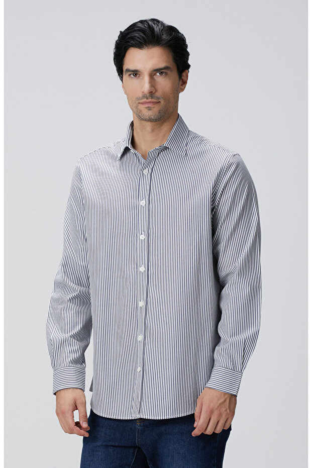 Indigo Çizgi Desenli Gömlek - 4