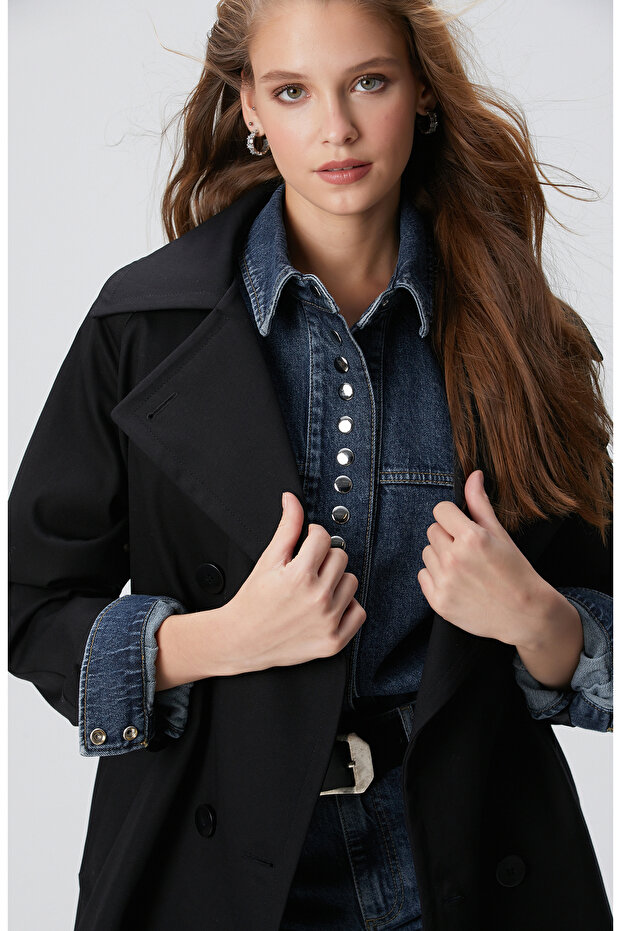 Siyah Kruvaze Trench Coat - 2