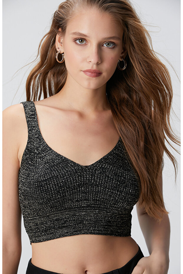 Siyah Simli Triko Büstiyer - 2