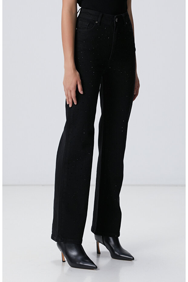 Siyah Geniş Paça Taşlı Pantolon - 4