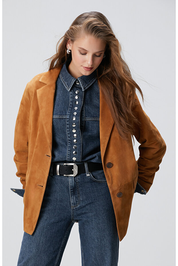Camel Blazer Süet Deri Ceket - 5