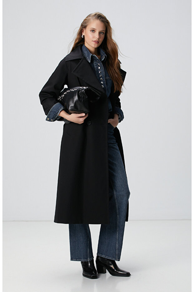 Siyah Kruvaze Trench Coat - 3