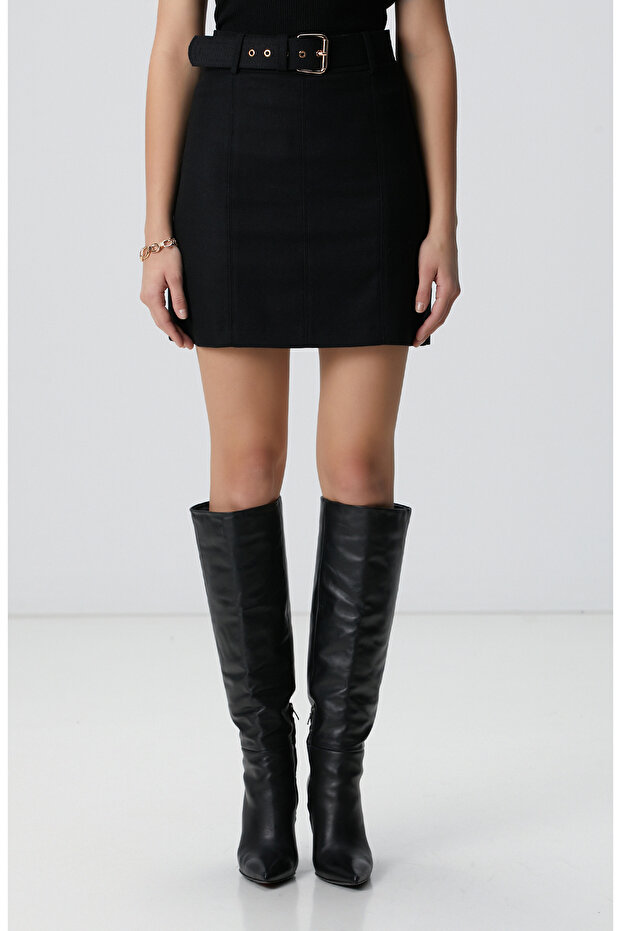 Siyah Yün Karışımlı Mini Etek - 3