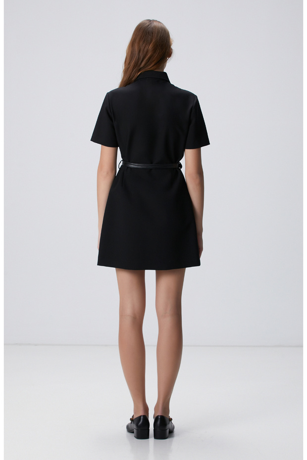 Siyah Kemerli Mini Elbise - 5