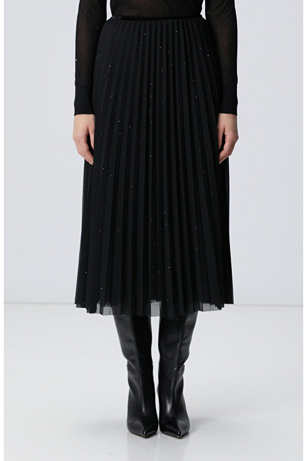 Siyah Payetli Tül Midi Etek - 3