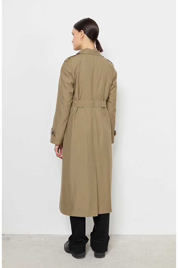 Tek Sıra Düğmeli Haki Trençkot - 6