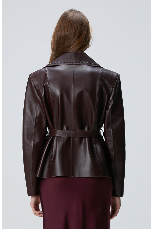 Bordo Kadın Deri Ceket - 5