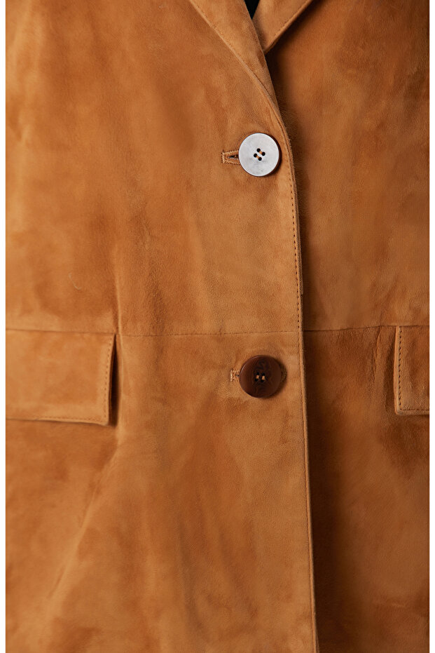 Camel Blazer Süet Deri Ceket - 7