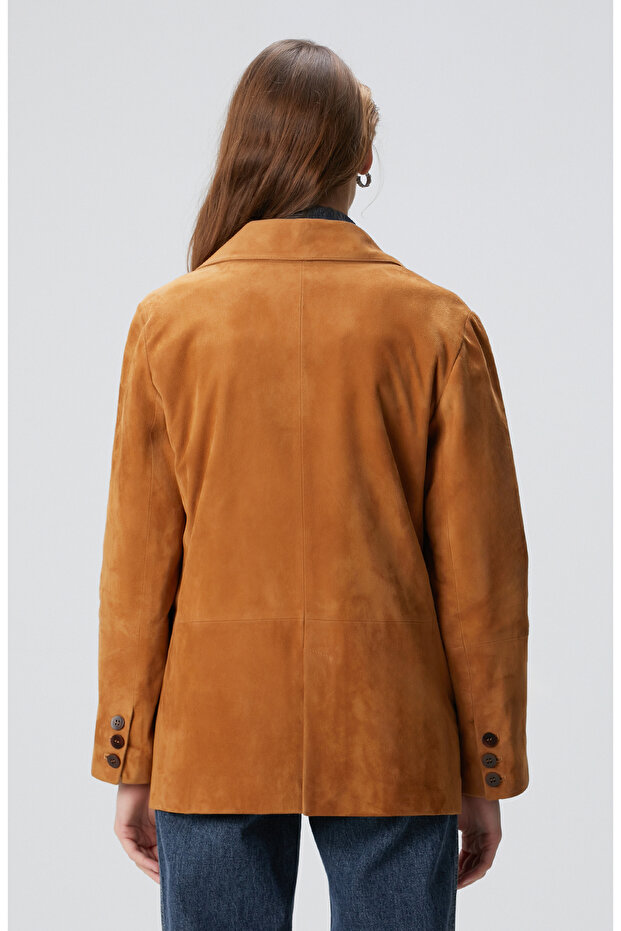Camel Blazer Süet Deri Ceket - 6